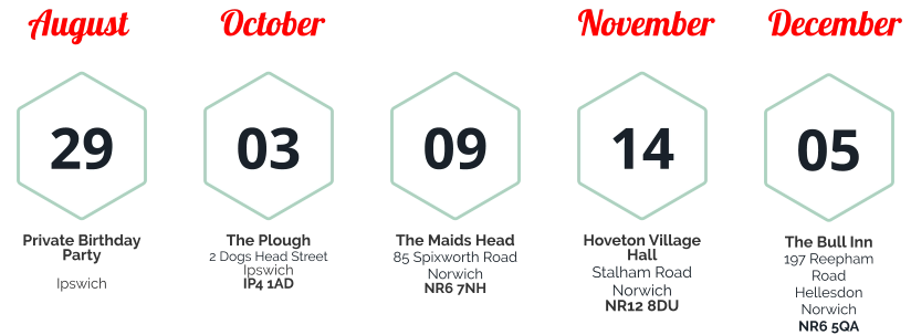 August            October                                 November       December 29 Private Birthday Party  Ipswich  05 The Bull Inn 197 Reepham Road Hellesdon Norwich NR6 5QA 03 The Plough 2 Dogs Head Street Ipswich IP4 1AD  09 The Maids Head 85 Spixworth Road Norwich NR6 7NH 14 Hoveton Village Hall Stalham Road Norwich NR12 8DU